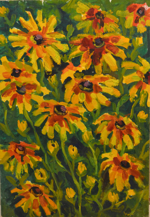 Malerei mit dem Titel "yellow flowers" von Nataliya Novozhilova, Original-Kunstwerk, Öl