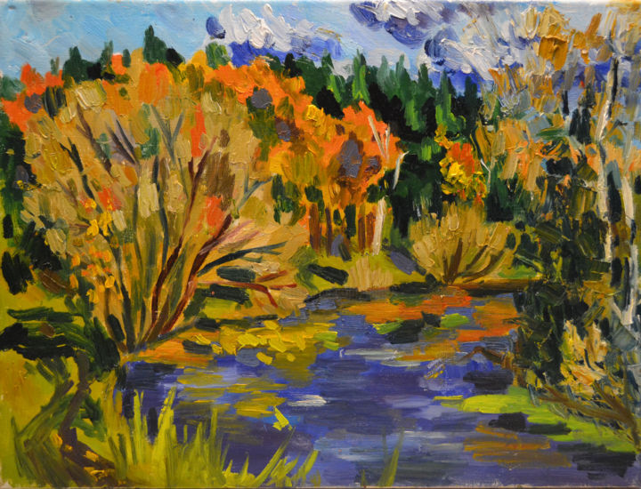 Painting titled "autumn" by Nataliya Novozhilova, Original Artwork, Oil Mounted on Wood Stretcher frame
