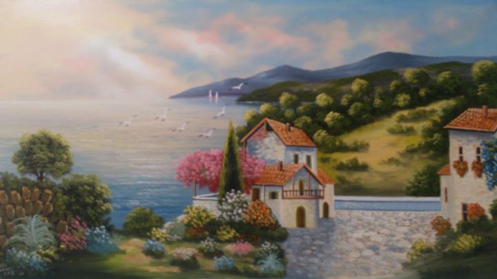 Pintura titulada "taş evler" por Bi̇Hter Nazlican Taştan, Obra de arte original