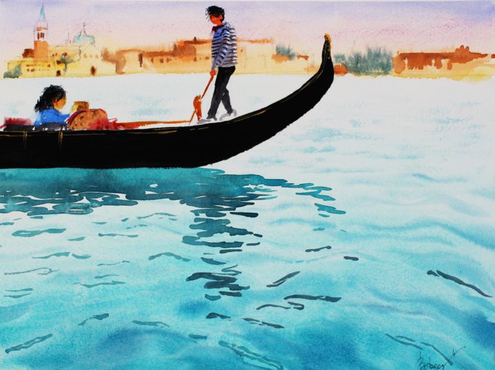 Peinture intitulée "Sunday in Venice" par Botagoz Abiken, Œuvre d'art originale, Aquarelle