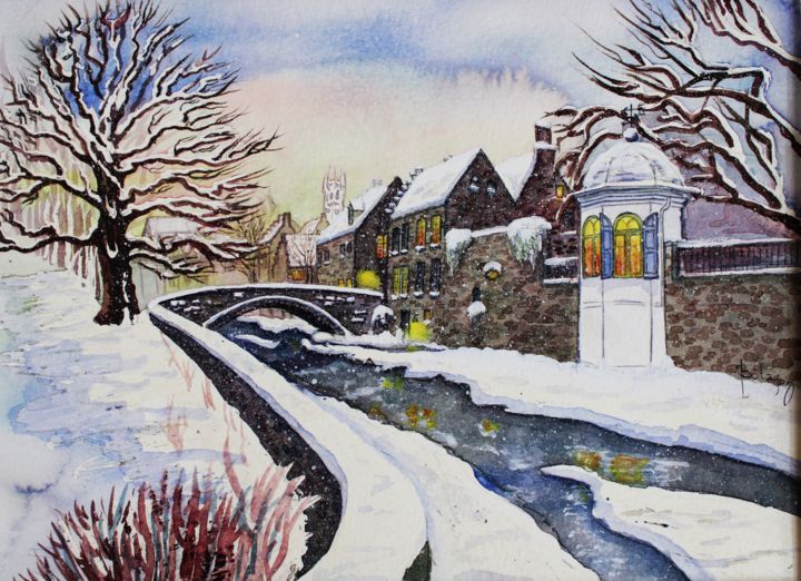 Peinture intitulée "Winter in Bruges" par Botagoz Abiken, Œuvre d'art originale, Aquarelle