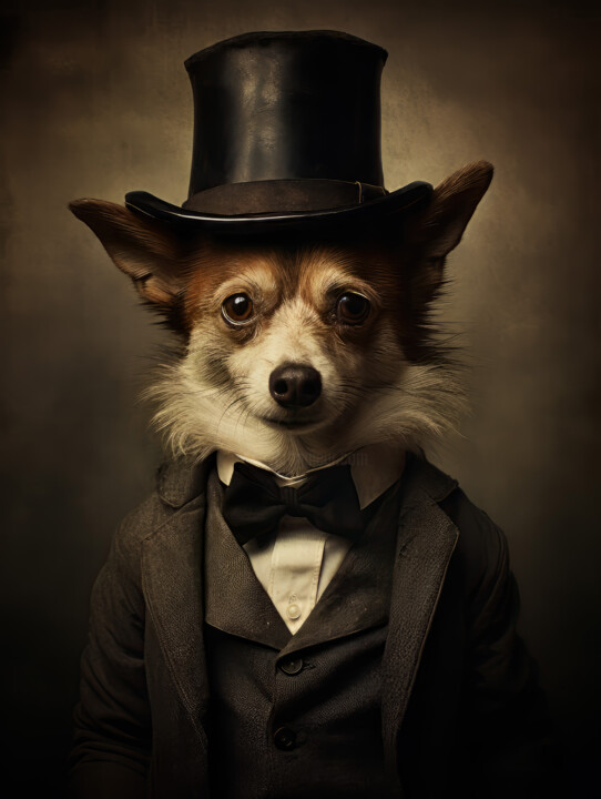 Digital Arts titled "Dog in Suit 3" by Bilge Paksoylu, Original Artwork, AI generated image