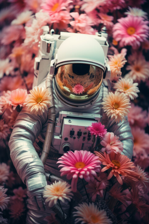 Arts numériques intitulée "Astronaut in Flowers" par Bilge Paksoylu, Œuvre d'art originale, Image générée par l'IA