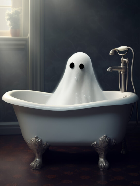 Digital Arts titled "Ghost in Bathroom" by Bilge Paksoylu, Original Artwork, AI generated image