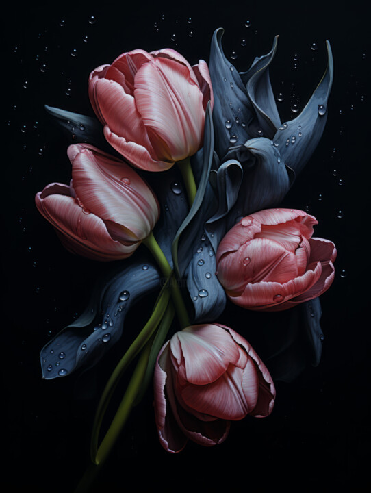 Digital Arts titled "Red Pink Tulips 3" by Bilge Paksoylu, Original Artwork, AI generated image