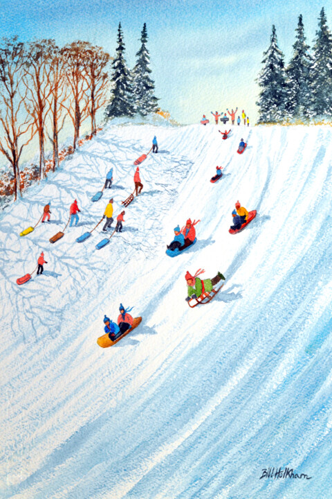 Schilderij getiteld "Snow Day Sledging" door Bill Holkham, Origineel Kunstwerk, Aquarel