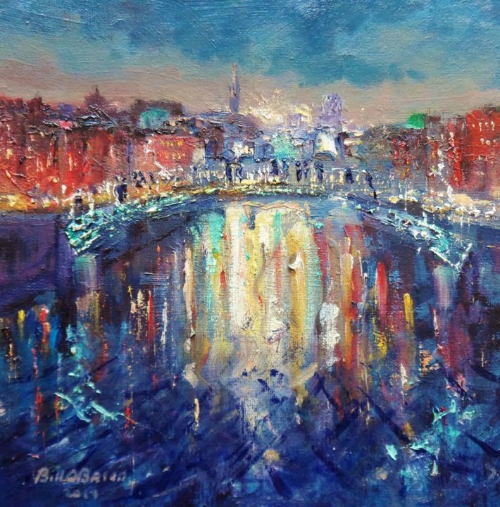 Painting titled "Hapenny Bridge Midn…" by Bill O'Brien, Original Artwork, Oil