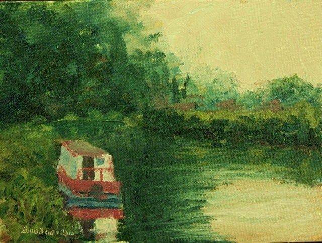 Painting titled "Red Barge on the Ba…" by Bill O'Brien, Original Artwork