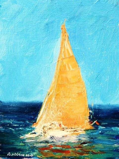 Painting titled "Orange Yacht" by Bill O'Brien, Original Artwork, Oil
