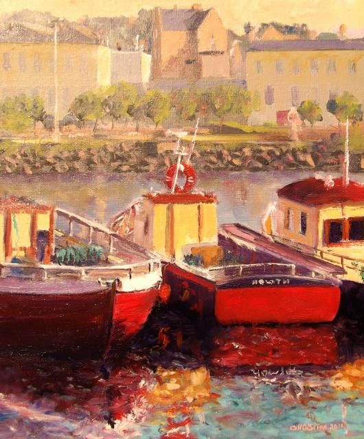 Painting titled "Boats Howth Harbour" by Bill O'Brien, Original Artwork, Oil