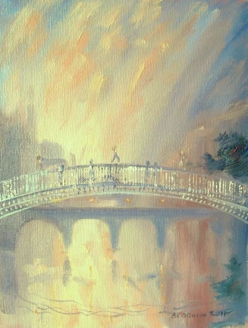 Painting titled "Ha'penny Bridge Mist" by Bill O'Brien, Original Artwork, Oil