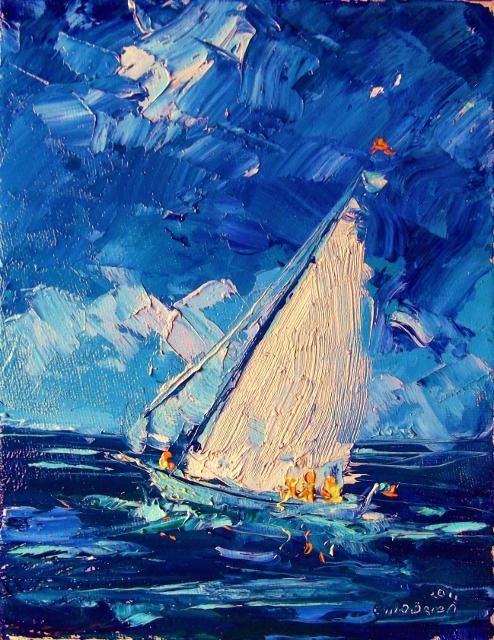 Malarstwo zatytułowany „Yacht Blue Yonder” autorstwa Bill O'Brien, Oryginalna praca, Olej