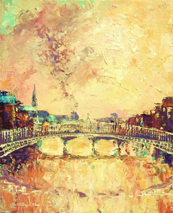 Schilderij getiteld "Halfpenny Bridge Su…" door Bill O'Brien, Origineel Kunstwerk, Olie