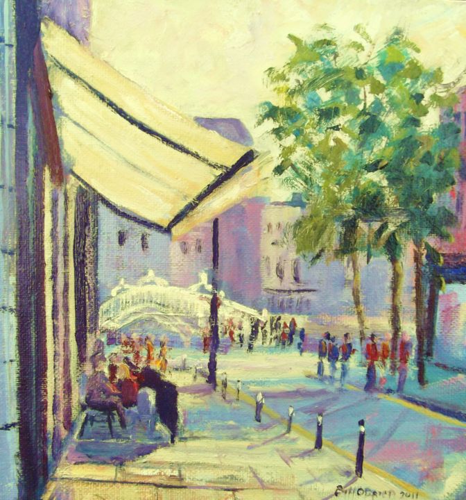 Malerei mit dem Titel "Ha'penny Bridge Cafe" von Bill O'Brien, Original-Kunstwerk, Öl