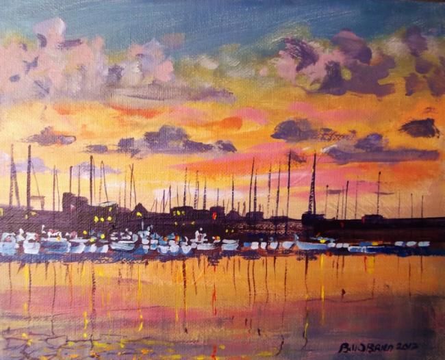 Painting titled "Howth Harbour Amber…" by Bill O'Brien, Original Artwork, Oil