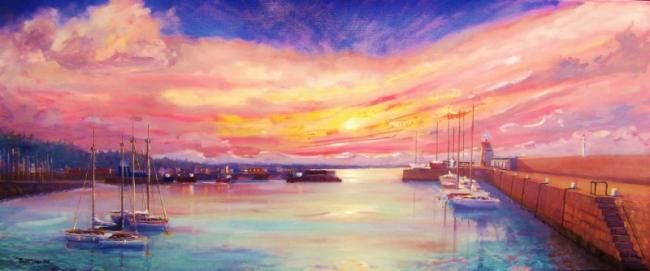 Painting titled "Howth Harbour Panor…" by Bill O'Brien, Original Artwork, Oil