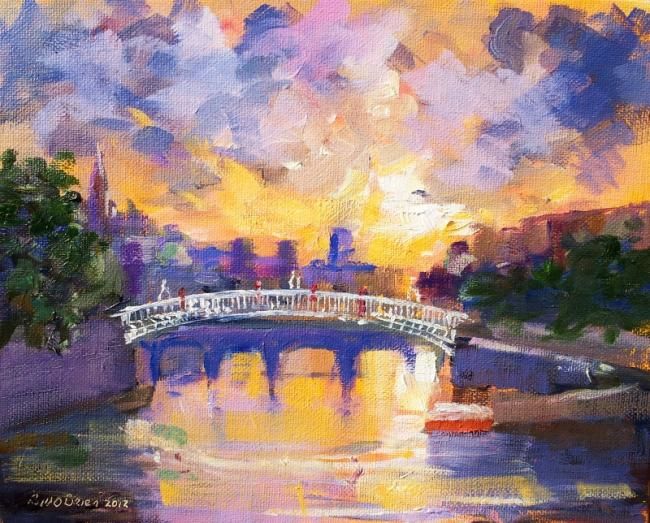 Schilderij getiteld "Hapenny Bridge  xvi" door Bill O'Brien, Origineel Kunstwerk, Olie