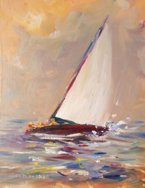 Painting titled "Yacht. Copper Skies" by Bill O'Brien, Original Artwork, Oil