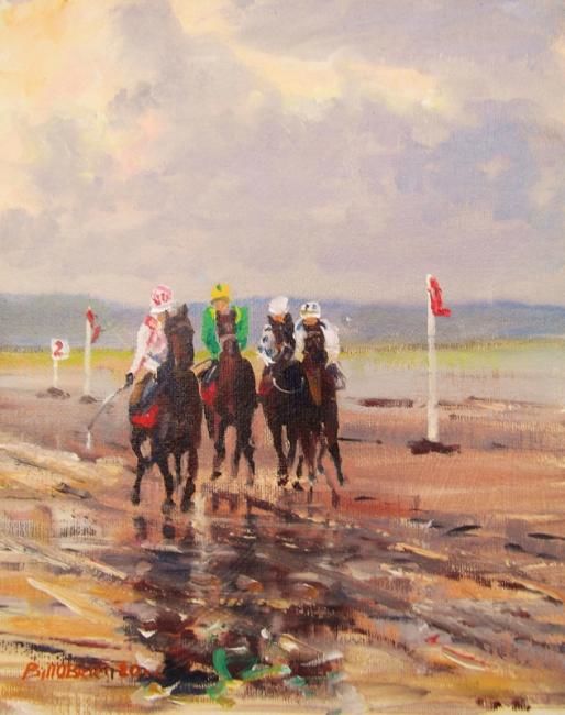 Pittura intitolato "Horse Racing on Bea…" da Bill O'Brien, Opera d'arte originale, Olio