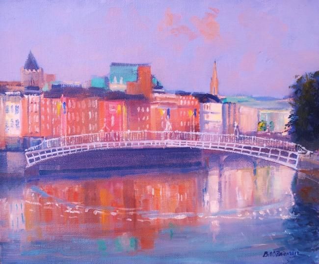 Painting titled "Hapenny Bridge morn…" by Bill O'Brien, Original Artwork, Oil
