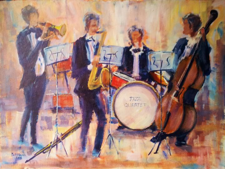 Pittura intitolato "Jazz Quartet." da Bill O'Brien, Opera d'arte originale, Olio Montato su Telaio per barella in legno