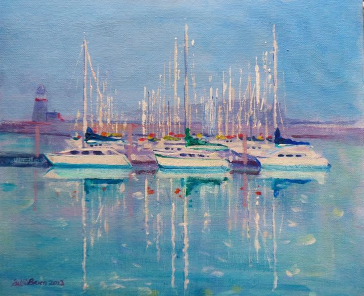 Painting titled "Howth Yachts, calm…" by Bill O'Brien, Original Artwork, Oil