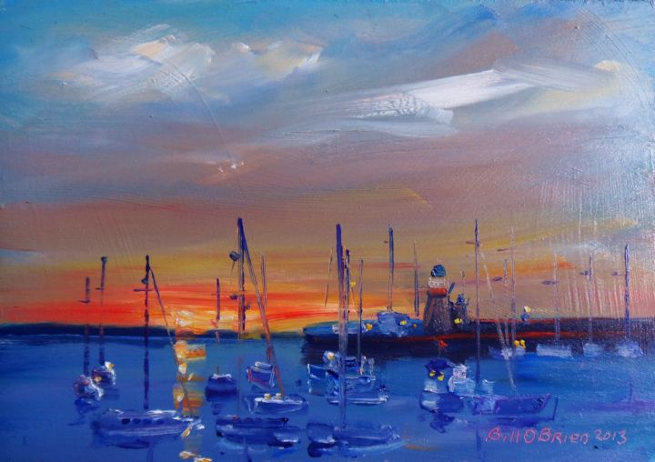 Malarstwo zatytułowany „Howth Sunset, Yachts” autorstwa Bill O'Brien, Oryginalna praca, Olej