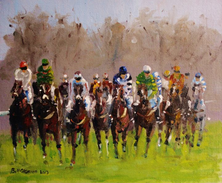 Painting titled "Horse Racing neck a…" by Bill O'Brien, Original Artwork, Oil