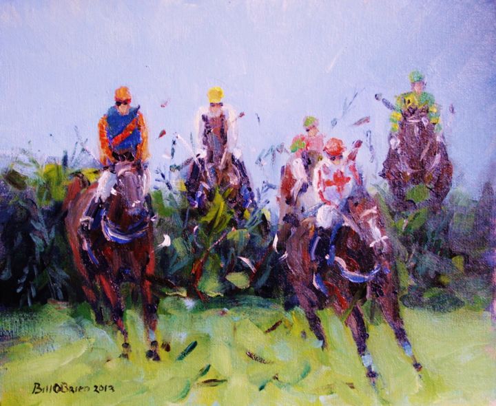 Painting titled "Horse Racing, over…" by Bill O'Brien, Original Artwork, Oil