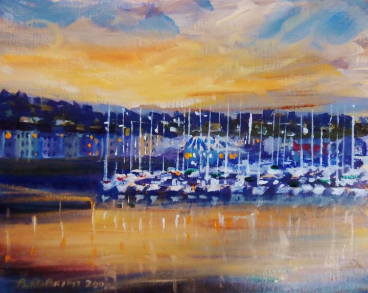 Painting titled "Howth Harbour Amber…" by Bill O'Brien, Original Artwork, Oil