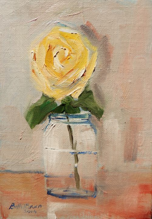 Painting titled "Yellow Rose in a Jar" by Bill O'Brien, Original Artwork, Oil