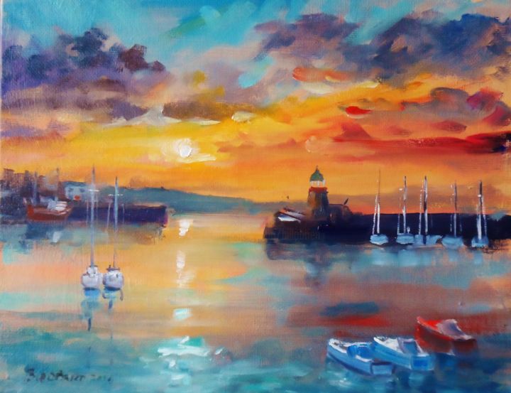 Painting titled "Howth Harbour Eveni…" by Bill O'Brien, Original Artwork, Oil