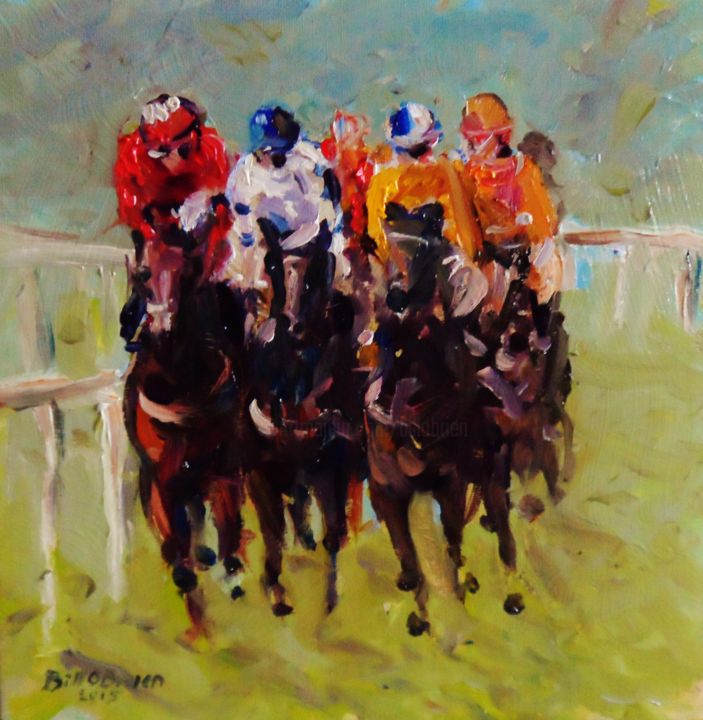 Ζωγραφική με τίτλο "Horse Racing, bunch…" από Bill O'Brien, Αυθεντικά έργα τέχνης, Λάδι