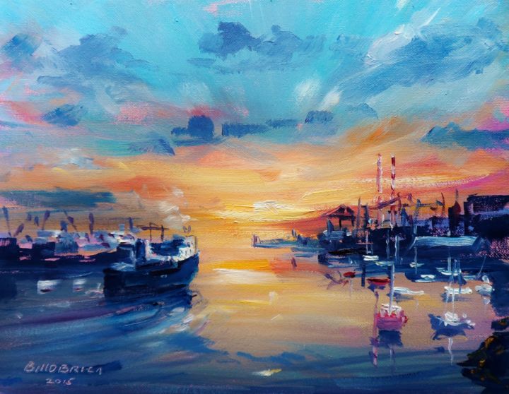 Schilderij getiteld "Dublin Port, Dawn D…" door Bill O'Brien, Origineel Kunstwerk, Olie