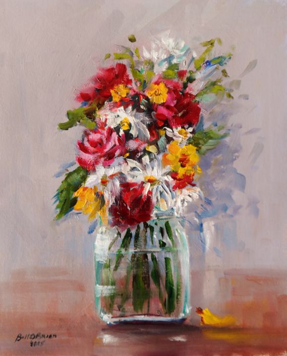 Painting titled "Roses and Daisies i…" by Bill O'Brien, Original Artwork, Oil