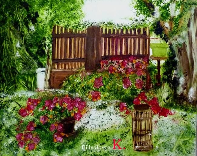 Painting titled "Flower Gate" by Billy Joyce Kiddo, Original Artwork, Oil