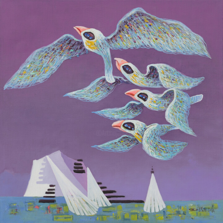 Malerei mit dem Titel "BIRDS, SKY AND CAST…" von Bin Xu, Original-Kunstwerk, Öl Auf Keilrahmen aus Holz montiert