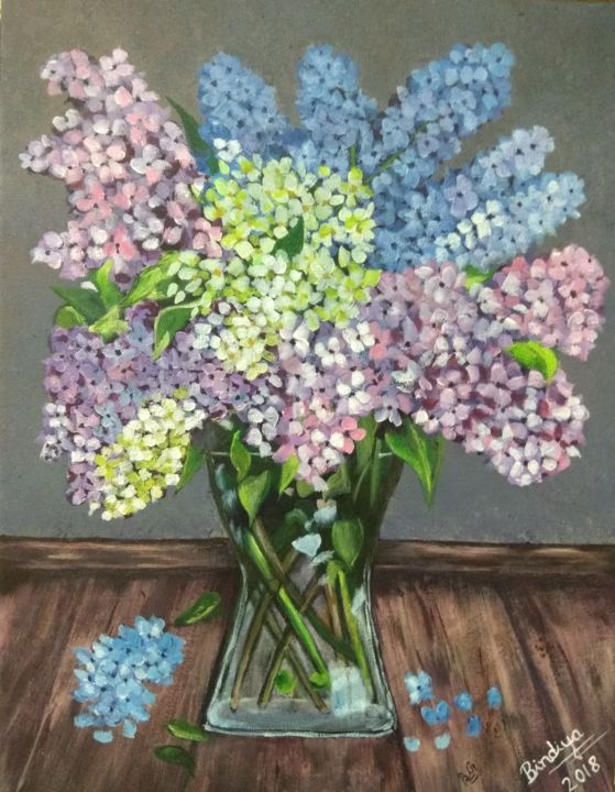 Painting titled "Lilac flowers" by Bindiya Goyal, Original Artwork, Acrylic