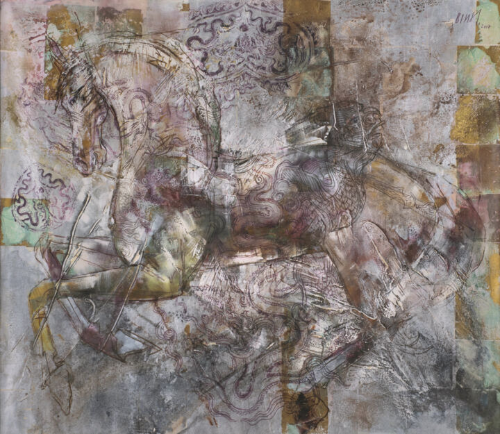 Pittura intitolato "Ngựa và Rồng (Horse…" da Bình Hứa Thanh, Opera d'arte originale, Olio Montato su Metallo