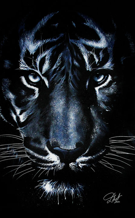 Malerei mit dem Titel "le tigre bleu" von Emmanuel Diot, Original-Kunstwerk, Acryl Auf Metall montiert
