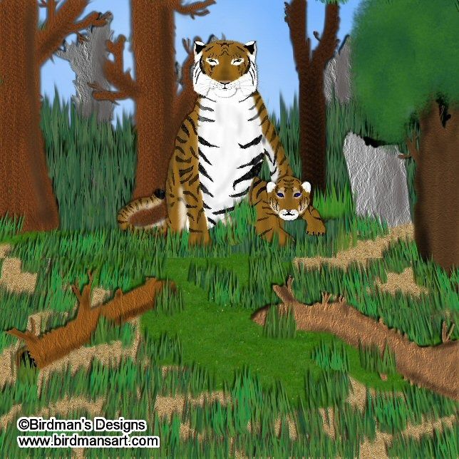Mom & Cub - Painting, 10x8 in ©2007 by Birdman -
Realism, tigers big cats feline endangered species cubs forest Asian animals Asian wildlife Asia India