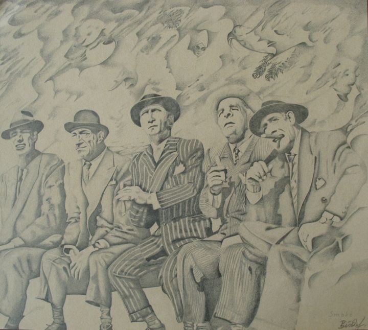 Картина под названием "Smoke - the boys" - Helmut Bischof, Подлинное произведение искусства, Карандаш