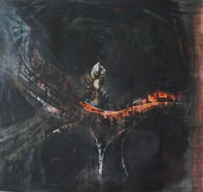 Malerei mit dem Titel "black bridge" von Helmut Bischof, Original-Kunstwerk, Wachs