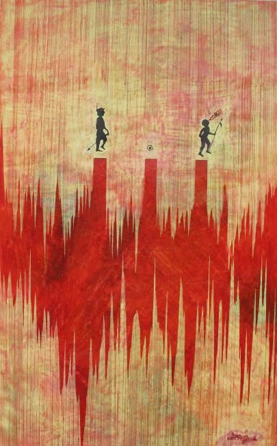 Painting titled "Lebenslinie rot" by Helmut Bischof, Original Artwork, Wax