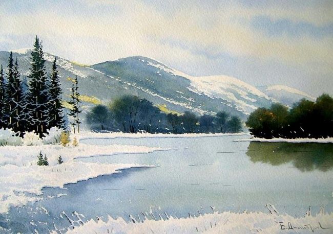 Peinture intitulée "Winter lake" par Biser Dimitrov, Œuvre d'art originale, Huile