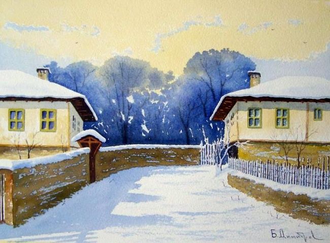Pittura intitolato "Winter street" da Biser Dimitrov, Opera d'arte originale, Olio