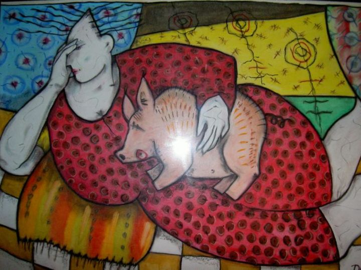 Peinture intitulée "la femme au cochon" par Dai, Œuvre d'art originale