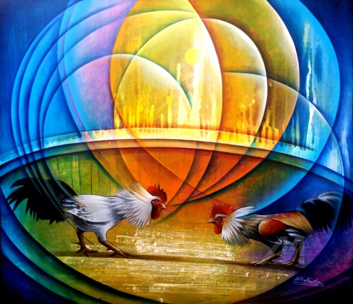 Painting titled "Combat de Coq" by Bitho Faustin, Original Art, Acrylic