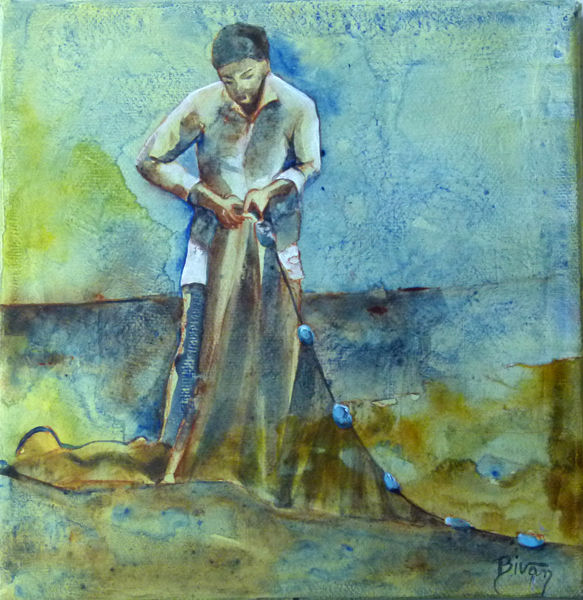 Schilderij getiteld "Au lac" door Bivan, Origineel Kunstwerk, Acryl Gemonteerd op Frame voor houten brancard