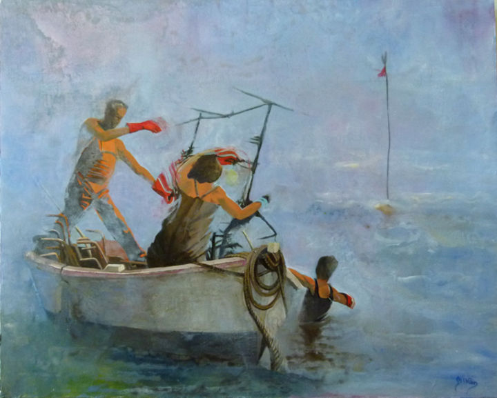 Painting titled "LES PÊCHEURS" by Bivan, Original Artwork, Acrylic Mounted on Wood Stretcher frame